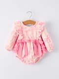 Girls Pink Bow Print Long Sleeves Romper - 1