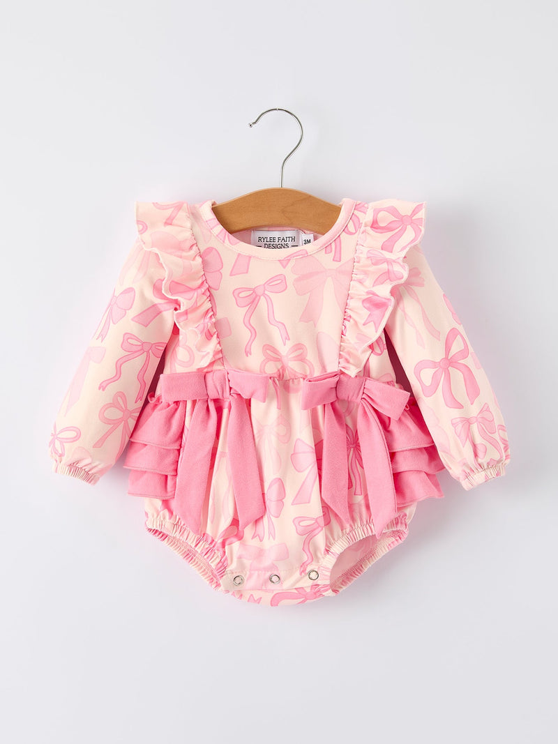Girls Pink Bow Print Long Sleeves Romper - 1