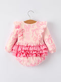 Girls Pink Bow Print Long Sleeves Romper - 2