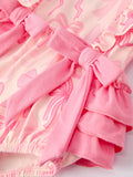 Girls Pink Bow Print Long Sleeves Romper - 4