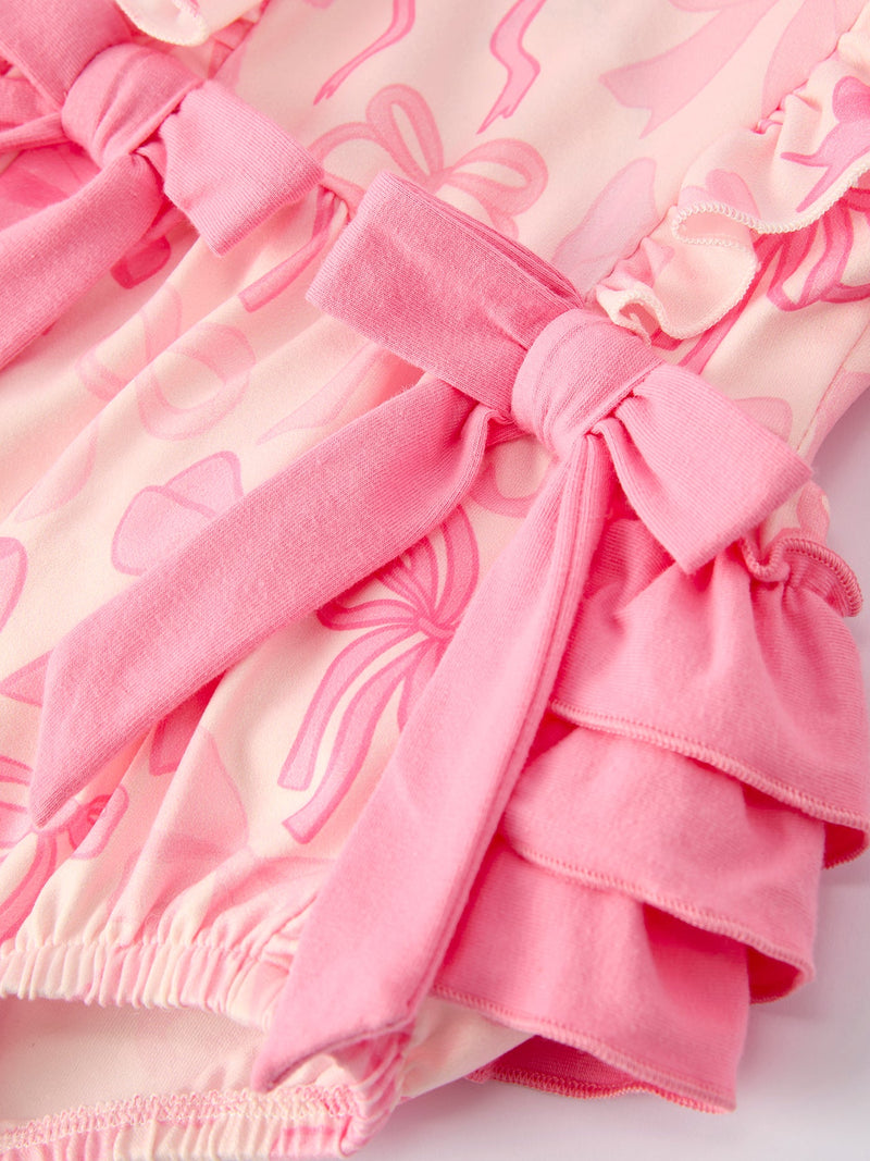Girls Pink Bow Print Long Sleeves Romper - 4