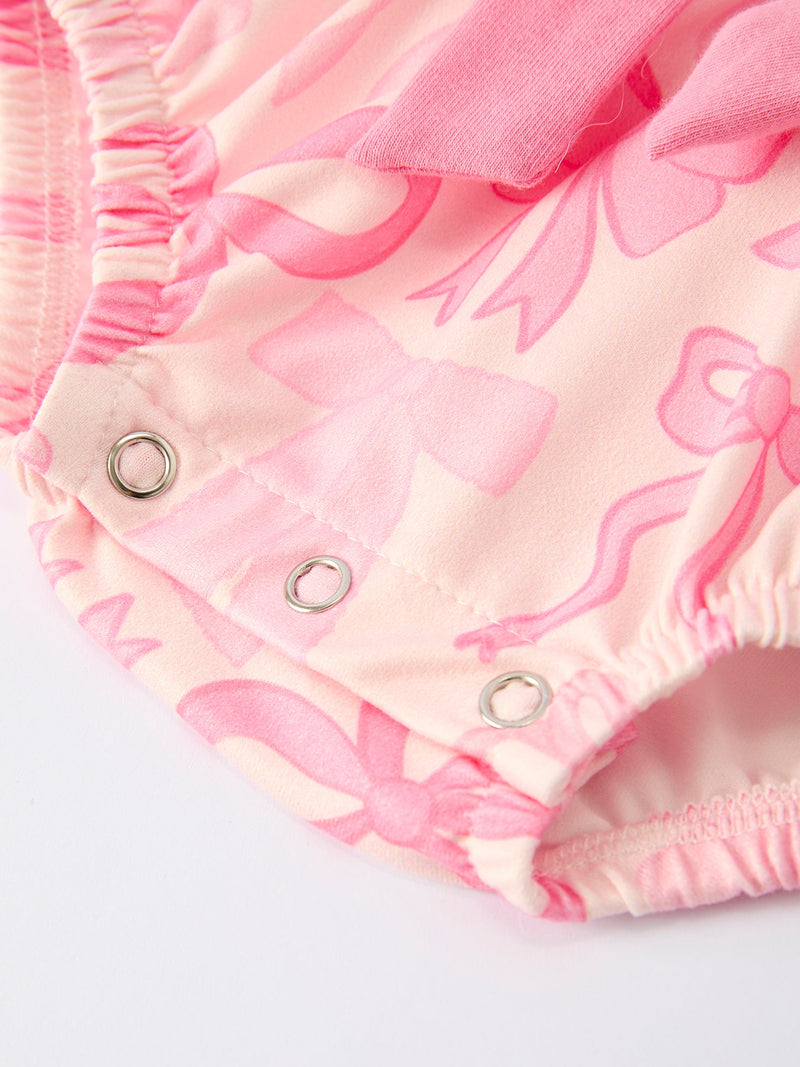 Girls Pink Bow Print Long Sleeves Romper - 5