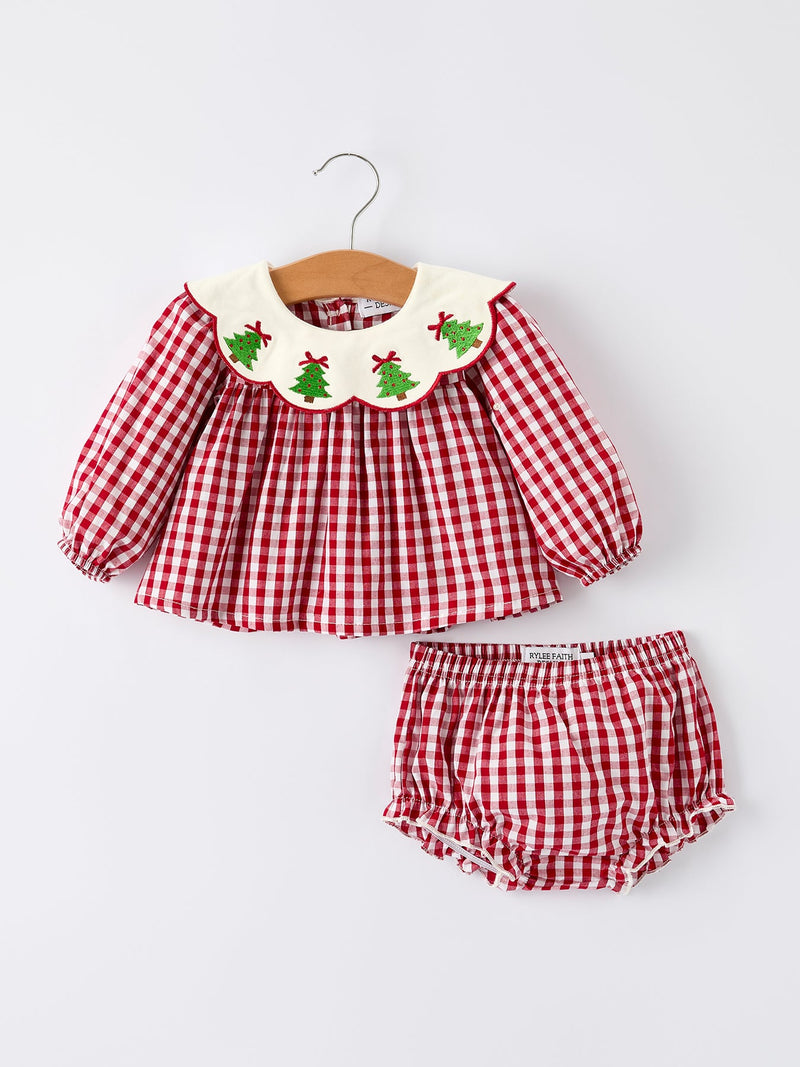 Christmas Tree Embroidery Red Gingham Long Sleeve Baby Girl Bloomers Set - 1