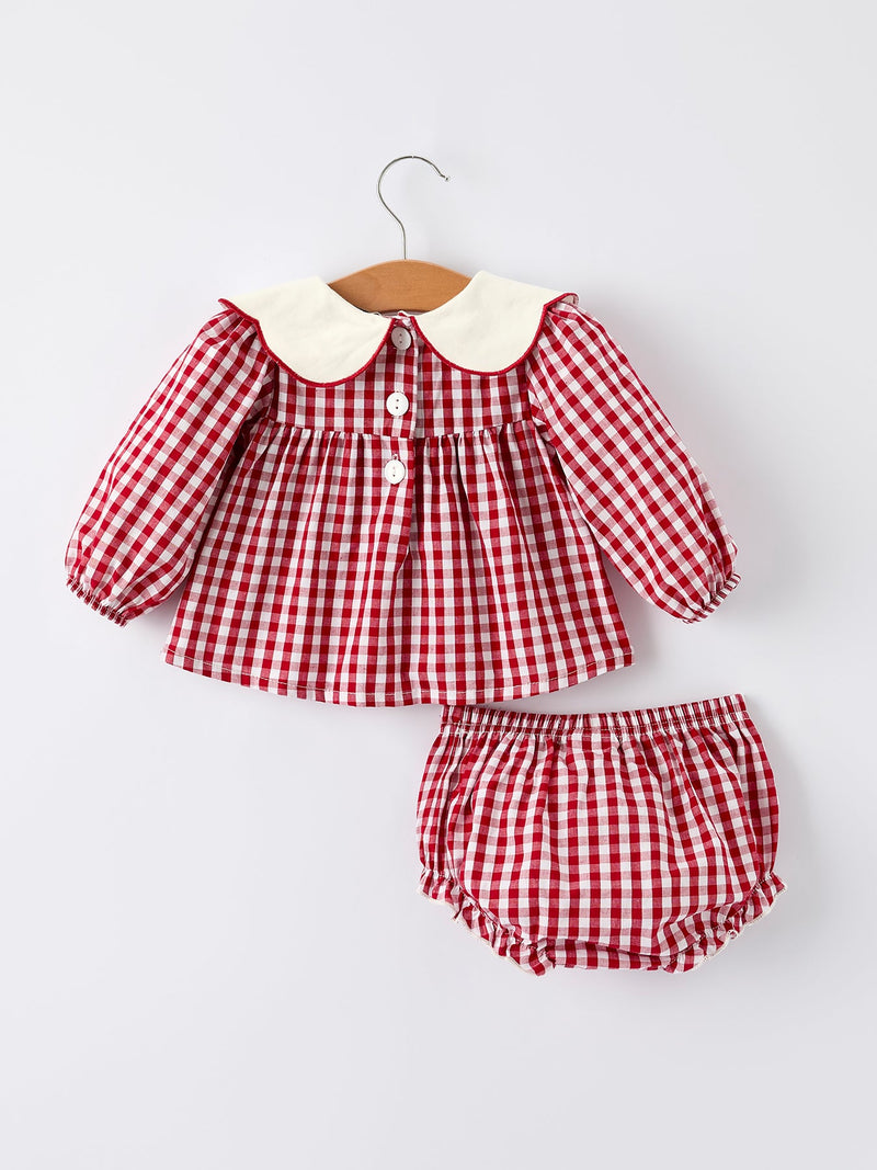 Christmas Tree Embroidery Red Gingham Long Sleeve Baby Girl Bloomers Set - 2