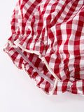Christmas Tree Embroidery Red Gingham Long Sleeve Baby Girl Bloomers Set - 3