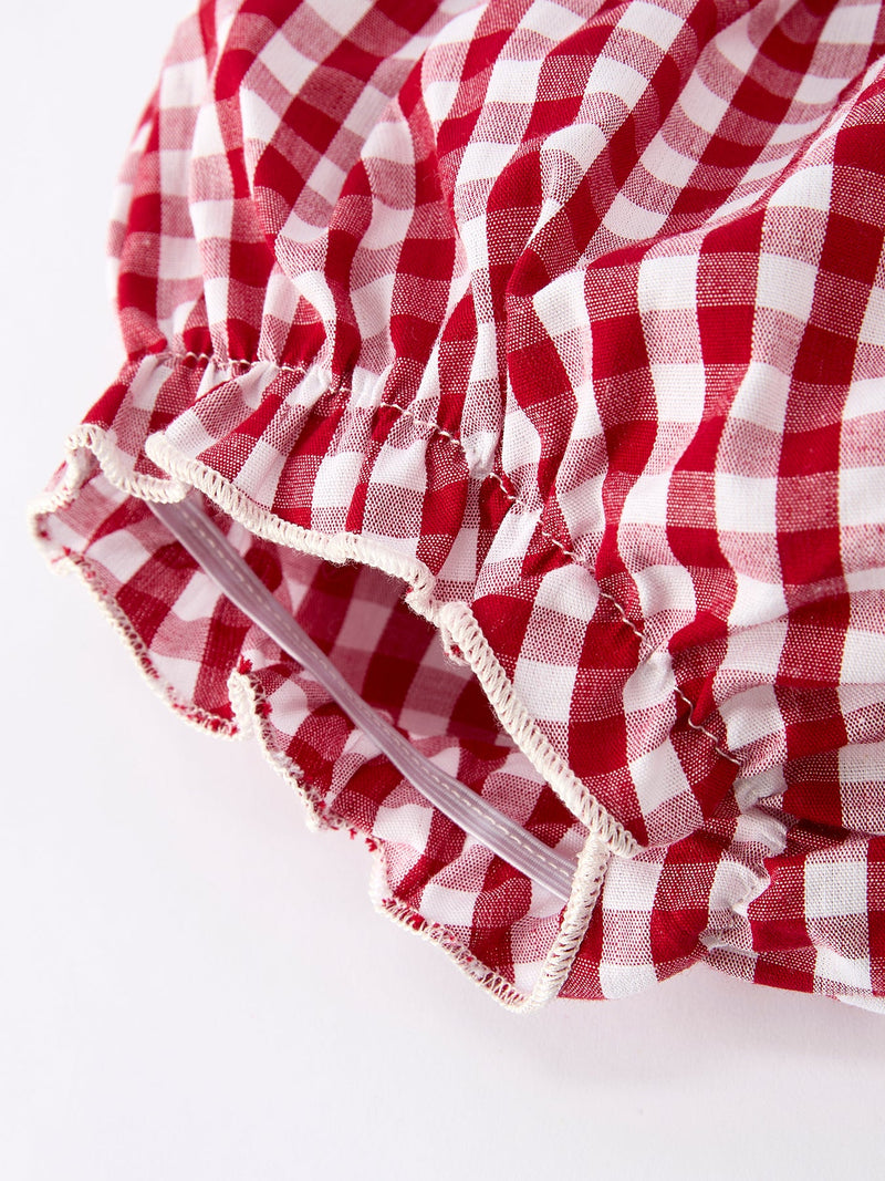 Christmas Tree Embroidery Red Gingham Long Sleeve Baby Girl Bloomers Set - 3