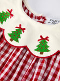 Christmas Tree Embroidery Red Gingham Long Sleeve Baby Girl Bloomers Set - 4