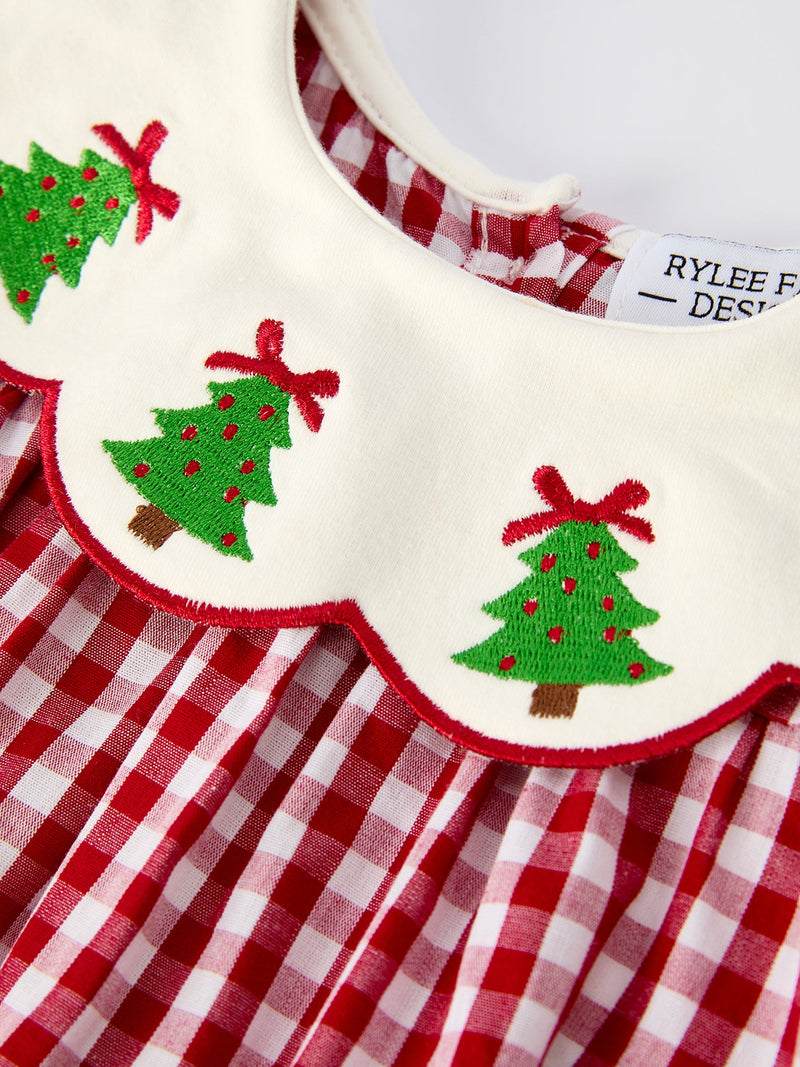 Christmas Tree Embroidery Red Gingham Long Sleeve Baby Girl Bloomers Set - 4