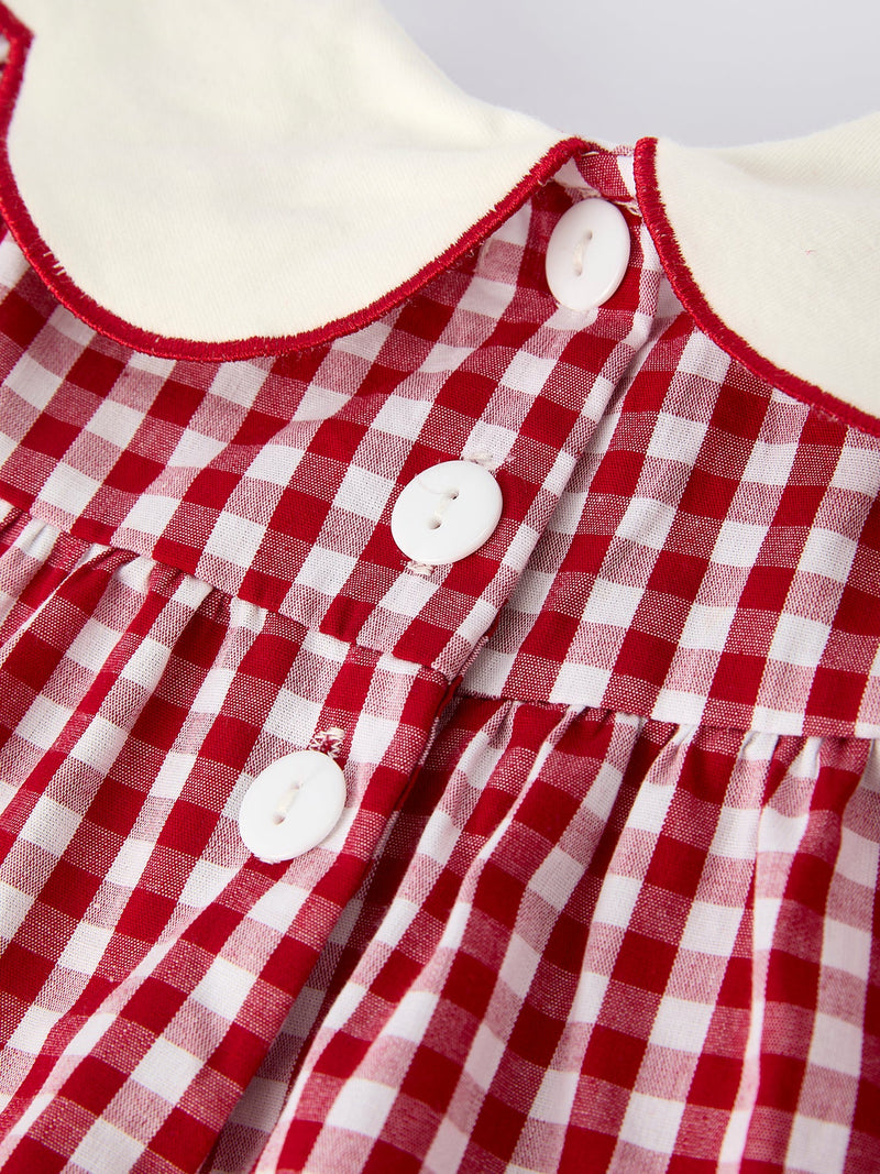 Christmas Tree Embroidery Red Gingham Long Sleeve Baby Girl Bloomers Set - 5