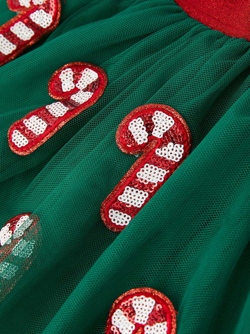 Christmas Candy Cane Sequin Applique Green Tulle Skirt - 3