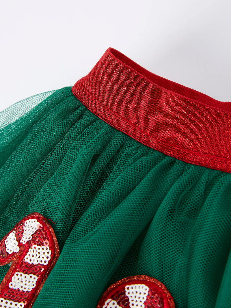 Christmas Candy Cane Sequin Applique Green Tulle Skirt - 4