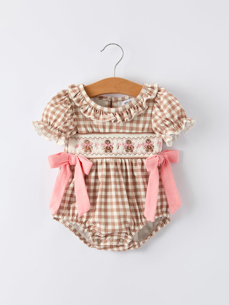 Christmas Vintage-Style Plaid Embroidered Gingerbread and Bows Girls Romper - 6