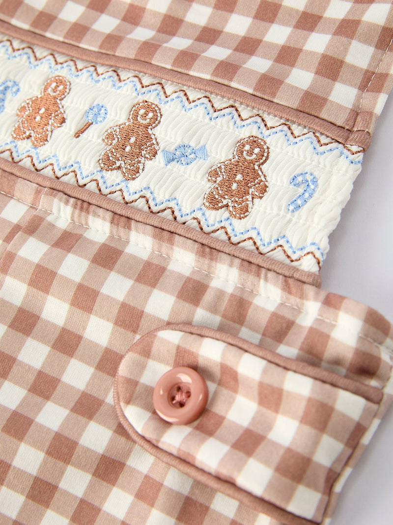 Christmas Vintage-Style Plaid Embroidered Gingerbread and Bows Boy Romper - 9