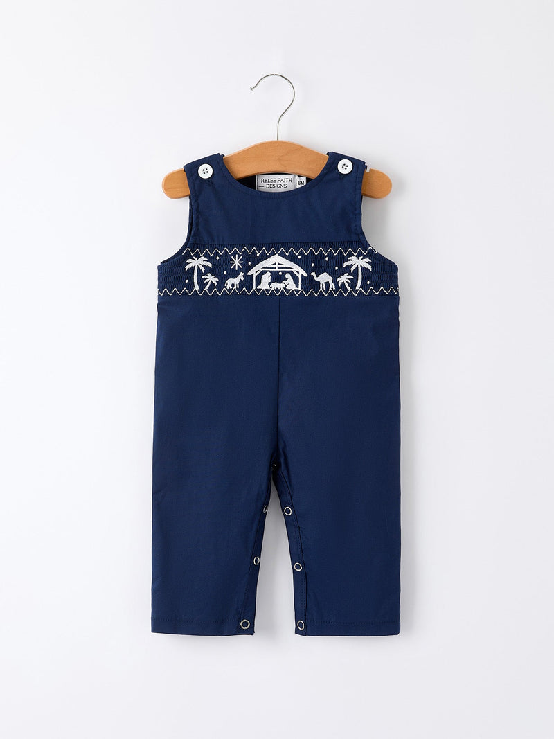 Christmas Navy Blue Nativity Smocking Embroidered Baby Boy Romper - 1