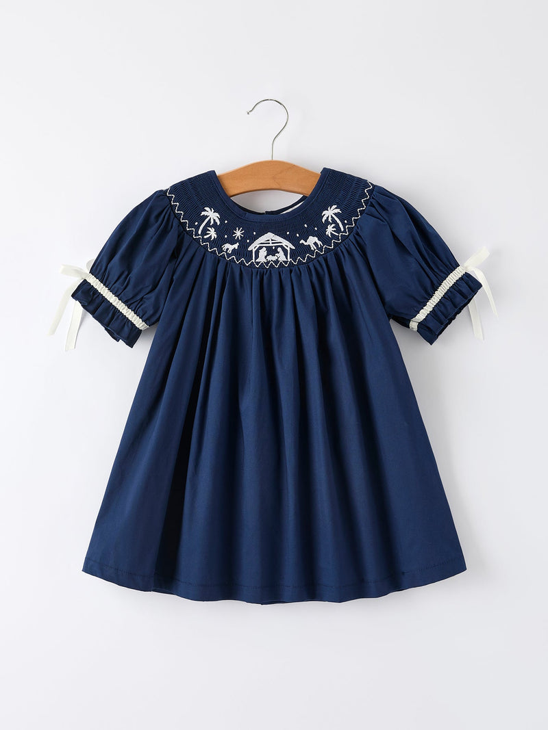 Christmas Navy Blue Nativity Smocking Embroidered Dress - 1