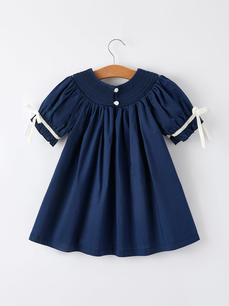 Christmas Navy Blue Nativity Smocking Embroidered Dress - 2