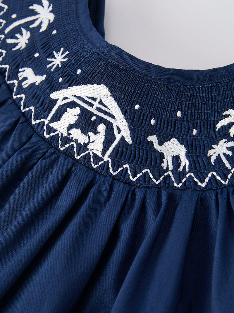 Christmas Navy Blue Nativity Smocking Embroidered Dress - 3