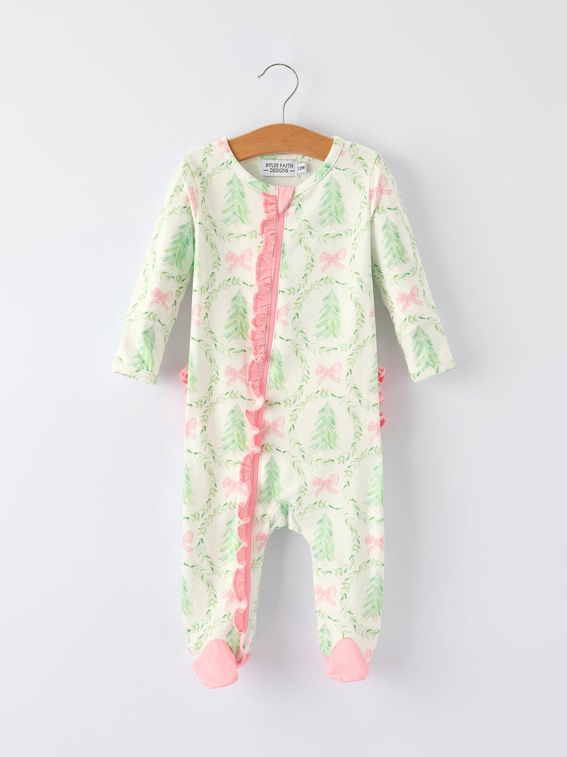 Christmas Tree Wreath Print Long Sleeve Zip Baby Girls Romper - 5