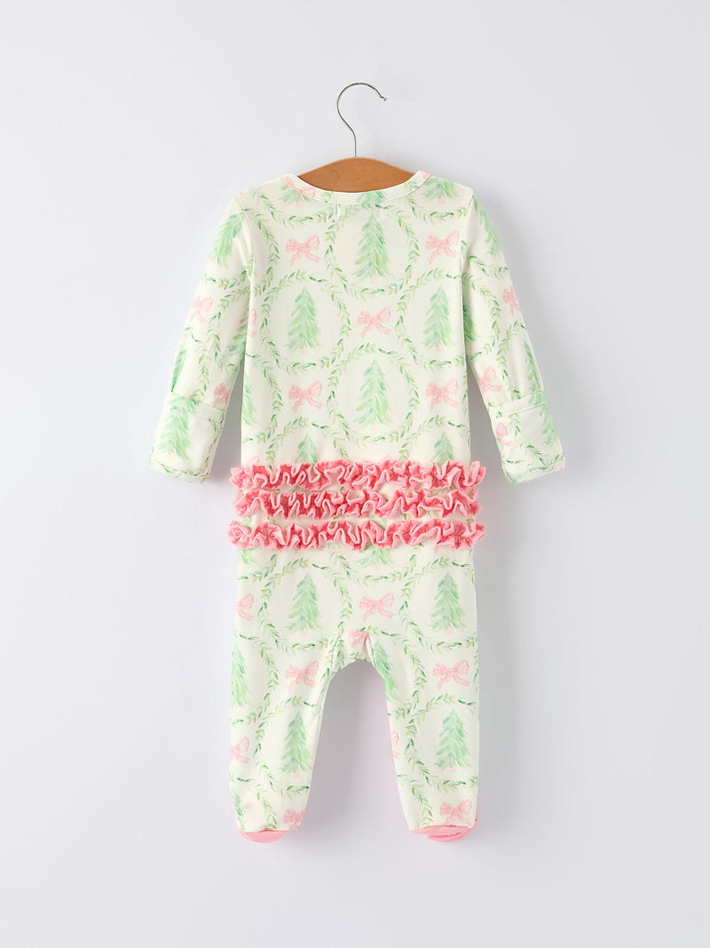 Christmas Tree Wreath Print Long Sleeve Zip Baby Girls Romper - 6