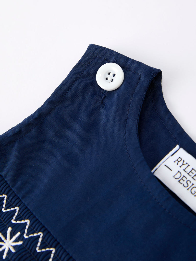 Christmas Navy Blue Nativity Smocking Embroidered Baby Boy Romper - 3