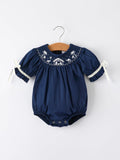 Navy Blue Nativity Smocking Embroidered Baby Girls Christmas Romper - 1