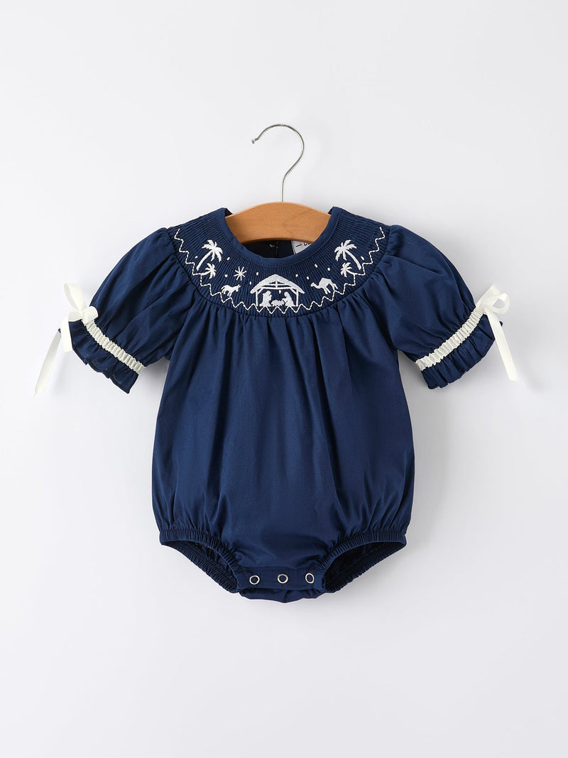 Navy Blue Nativity Smocking Embroidered Baby Girls Christmas Romper - 1