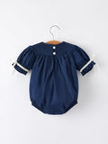 Navy Blue Nativity Smocking Embroidered Baby Girls Christmas Romper - 2