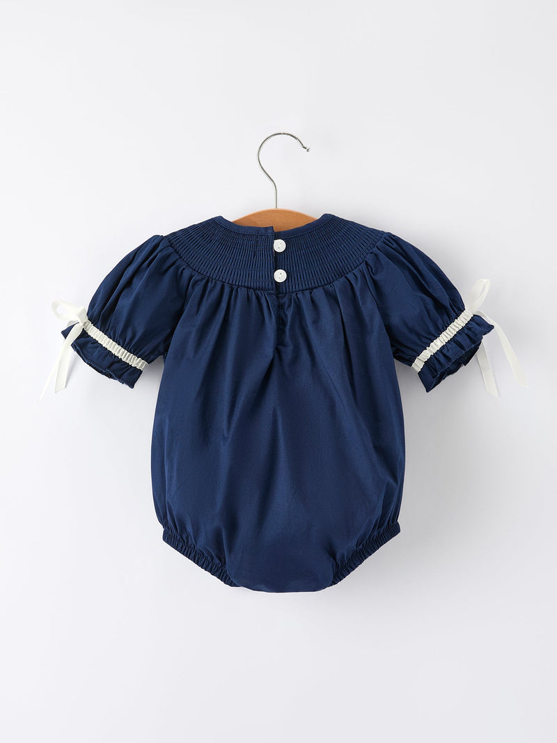 Navy Blue Nativity Smocking Embroidered Baby Girls Christmas Romper - 2