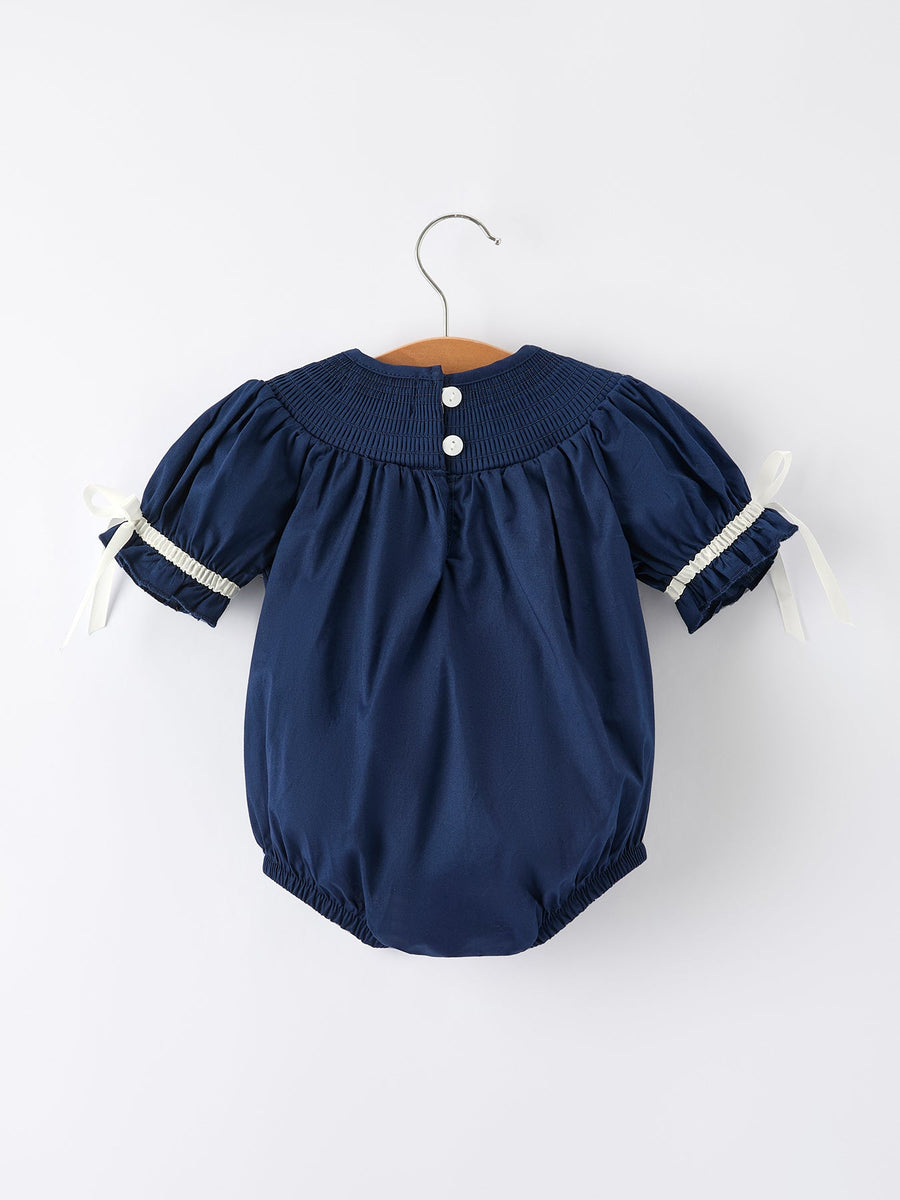 Navy Blue Nativity Smocking Embroidered Baby Girls Christmas Romper