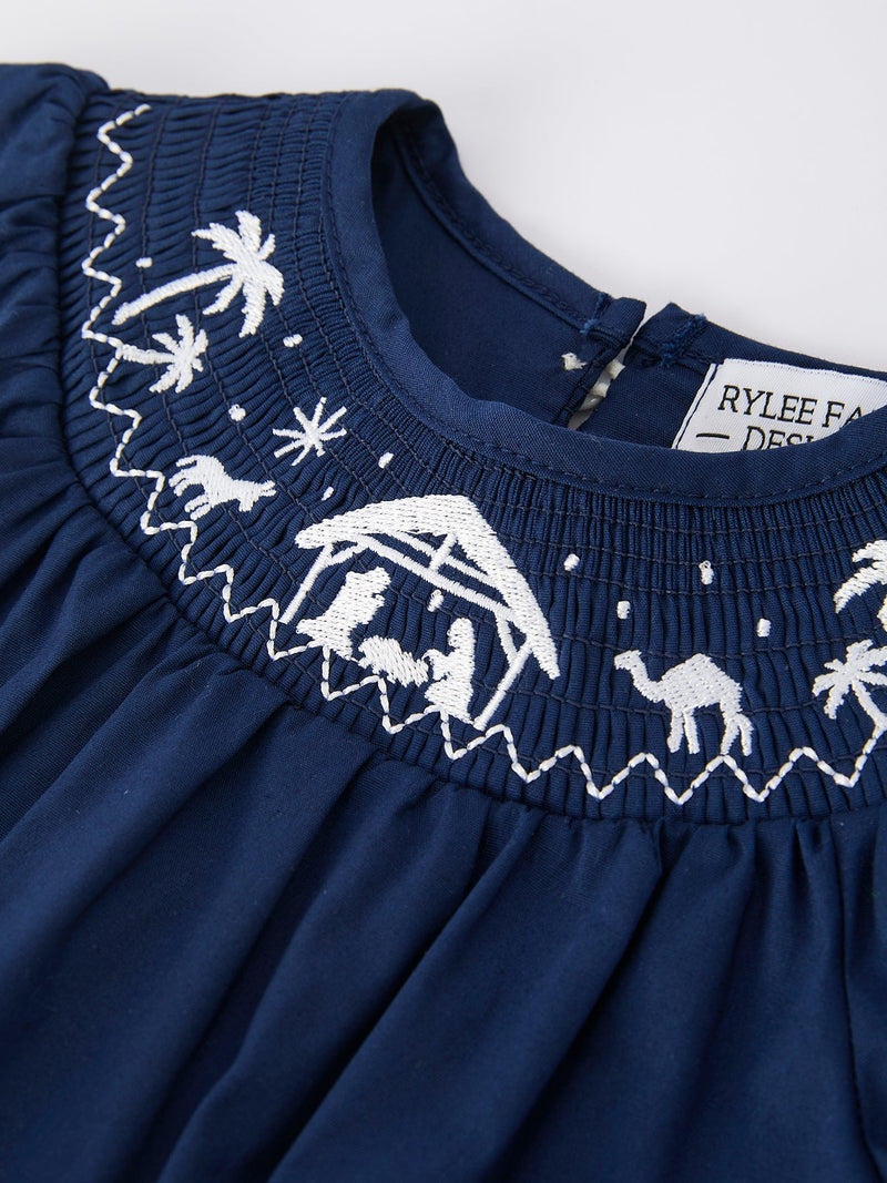 Navy Blue Nativity Smocking Embroidered Baby Girls Christmas Romper - 3