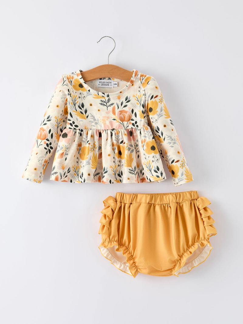 Floral Print Baby Girls Long Sleeve Top with Ruffle Bloomers Set - 1