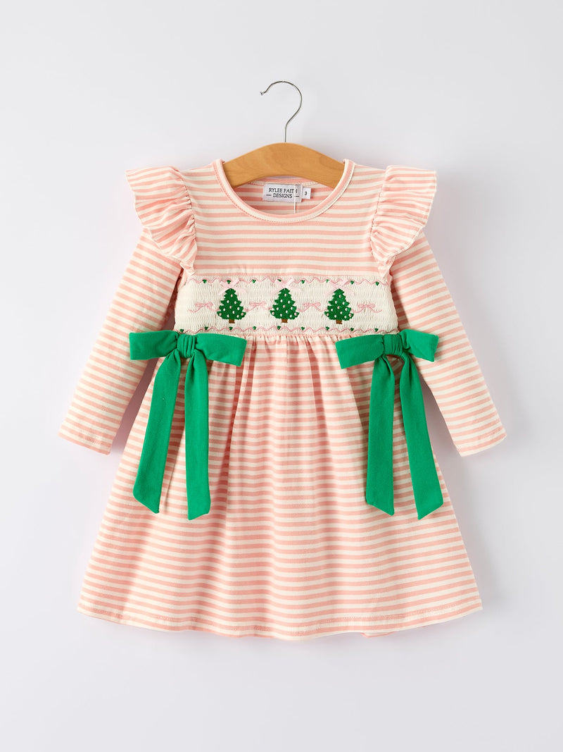 Christmas Tree Smocked Embroidery Stripe Baby Girls Dress - 1