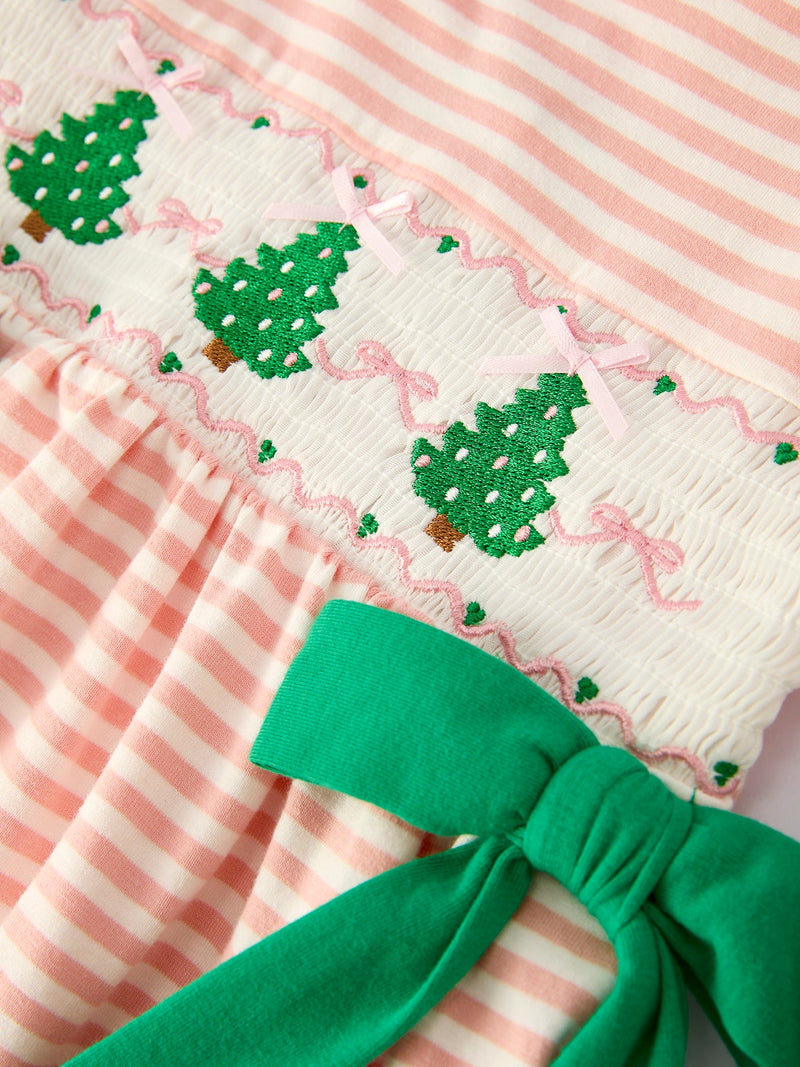 Christmas Tree Smocked Embroidery Stripe Baby Girls Dress - 3