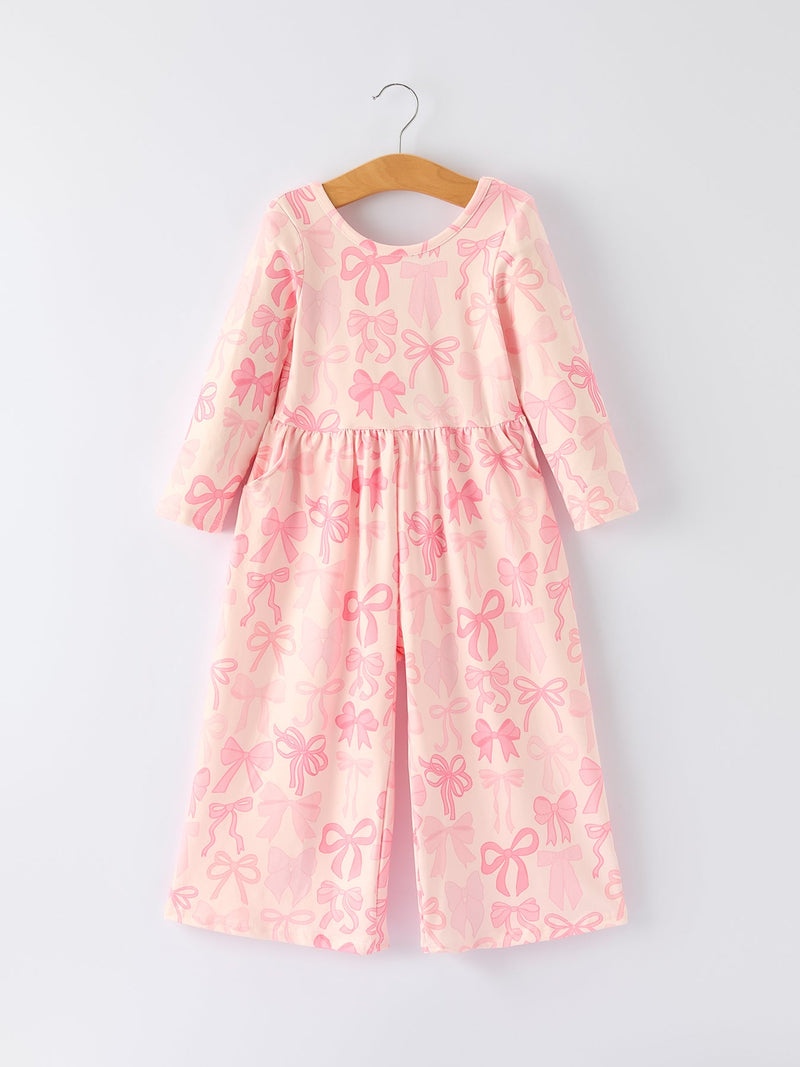 Girls Pink Bow Print Long Sleeve Jumpsuit - 1