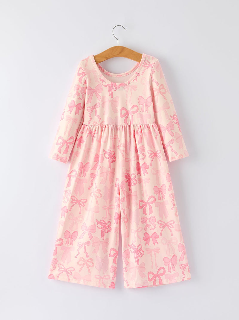 Girls Pink Bow Print Long Sleeve Jumpsuit - 2