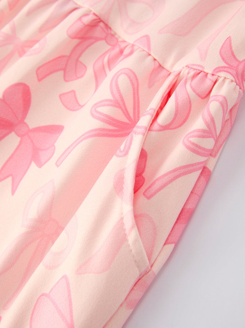 Girls Pink Bow Print Long Sleeve Jumpsuit - 3