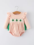 Christmas Tree Smocked Embroidery Stripe Baby Girls Romper - 1