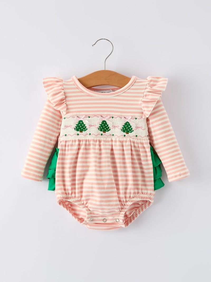 Christmas Tree Smocked Embroidery Stripe Baby Girls Romper - 1