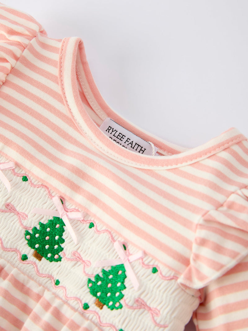 Christmas Tree Smocked Embroidery Stripe Baby Girls Romper - 3