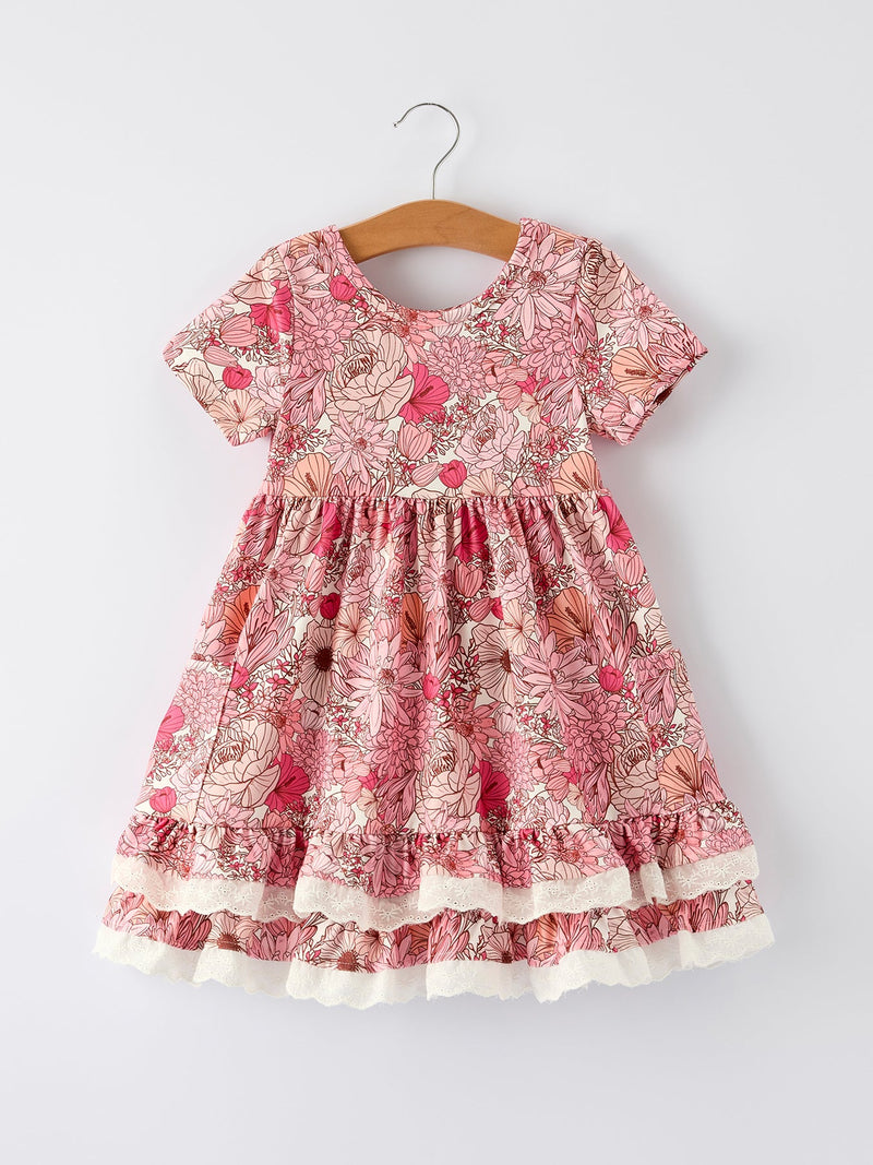 Fall Sweet Floral Pattern Dress with Pockets and Ruffle Hem for Girls - 1