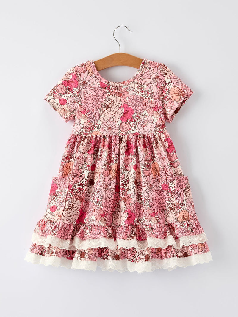 Fall Sweet Floral Pattern Dress with Pockets and Ruffle Hem for Girls - 2