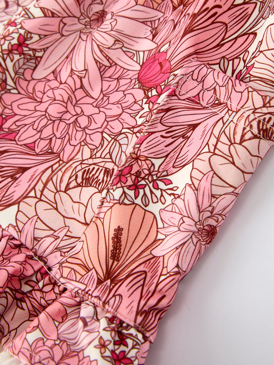 Fall Sweet Floral Pattern Dress with Pockets and Ruffle Hem for Girls