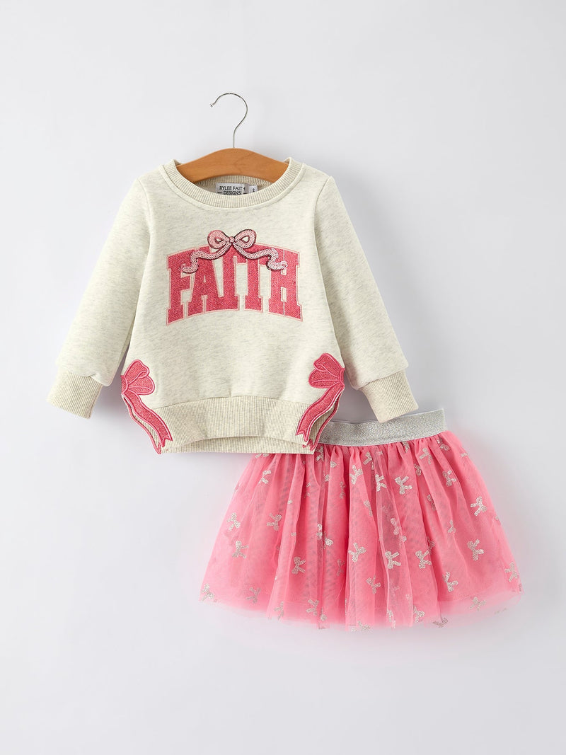 Girls Fall Outfit – FAITH Letter Sweatshirt and Pink Tulle Skirt Set - 1