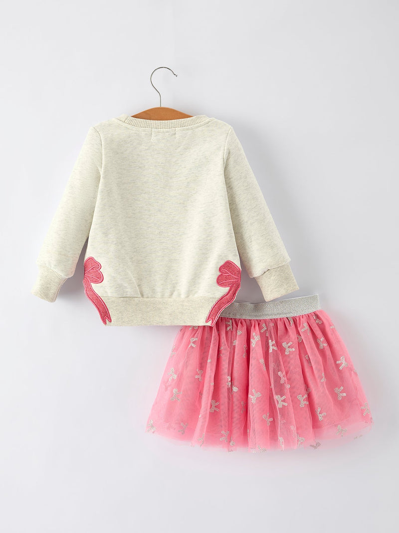 Girls Fall Outfit – FAITH Letter Sweatshirt and Pink Tulle Skirt Set - 2