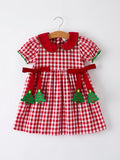 Girls Christmas Outfit – Red Plaid Dress with Tree Bow Accents - 1