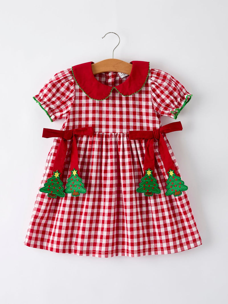 Girls Christmas Outfit – Red Plaid Dress with Tree Bow Accents - 1