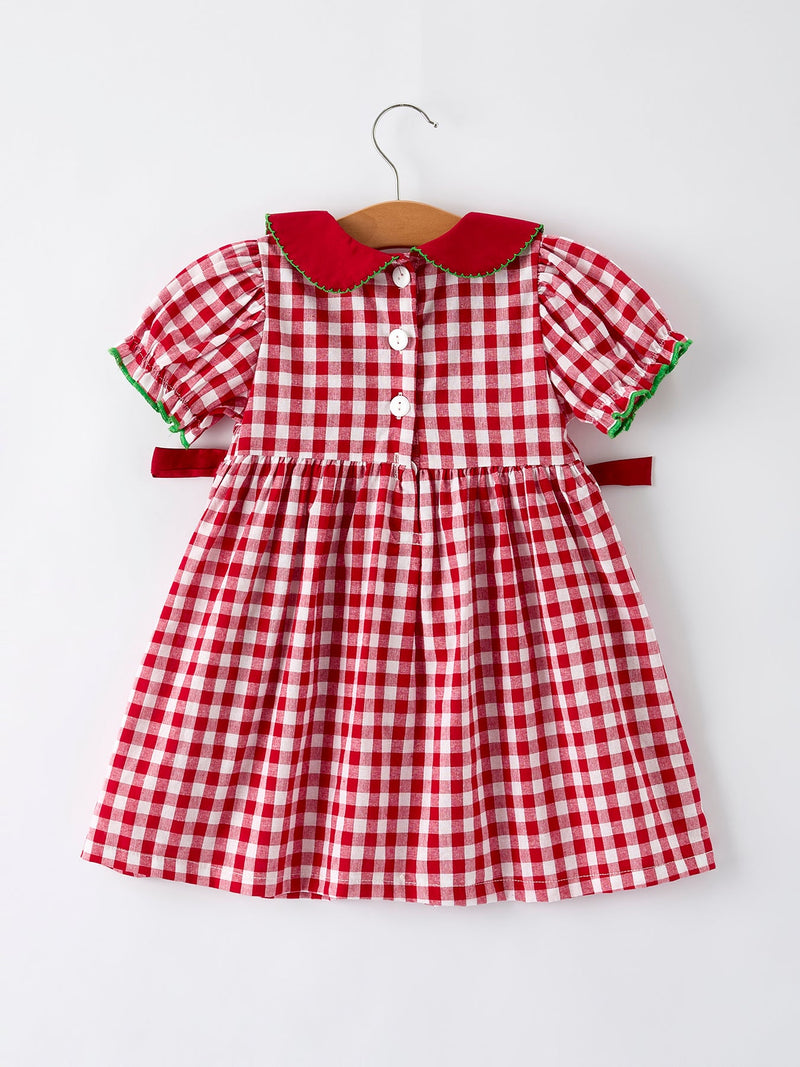 Girls Christmas Outfit – Red Plaid Dress with Tree Bow Accents - 2