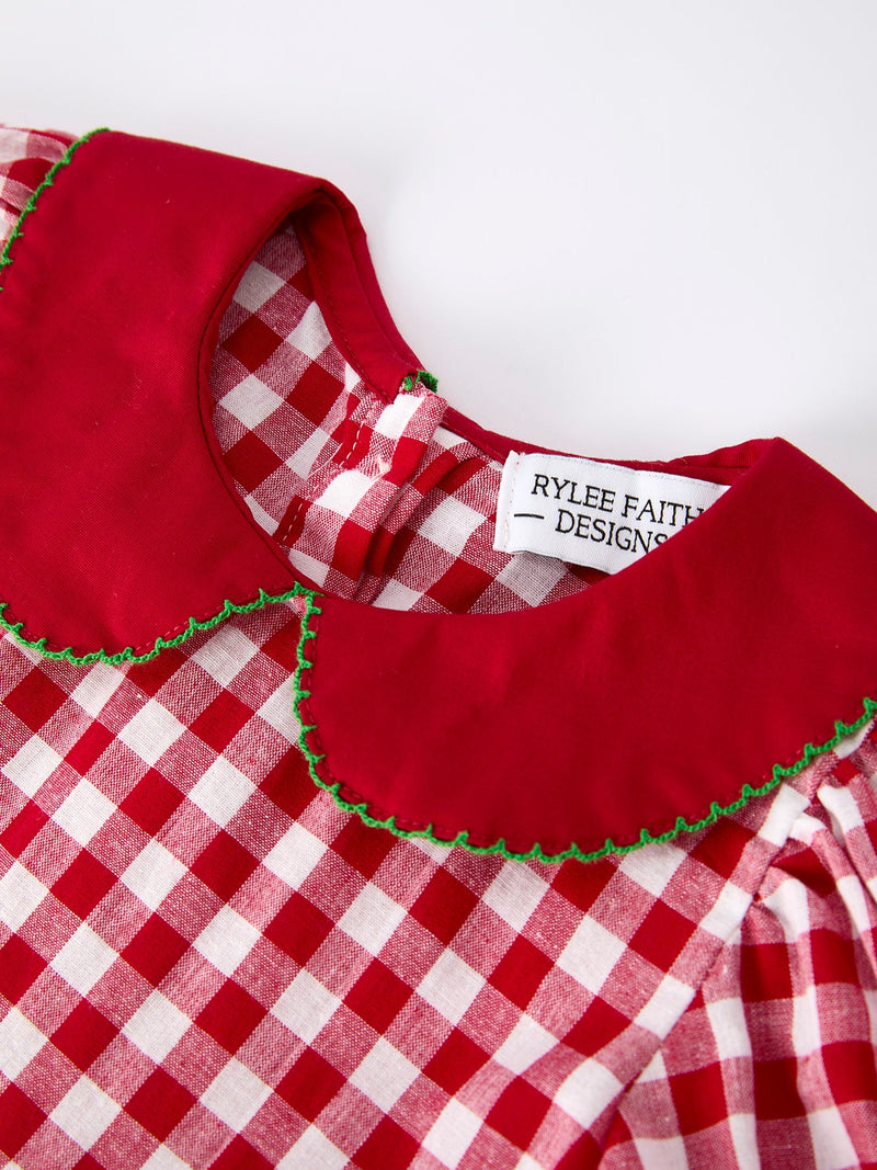 Girls Christmas Outfit – Red Plaid Dress with Tree Bow Accents - 3
