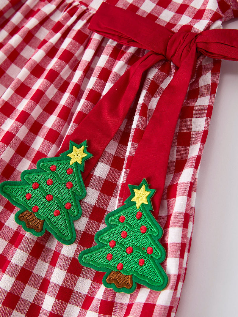 Girls Christmas Outfit – Red Plaid Dress with Tree Bow Accents - 4