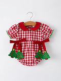 Baby Girls Christmas Outfit – Red Plaid Romper with Tree Bow Accents - 1